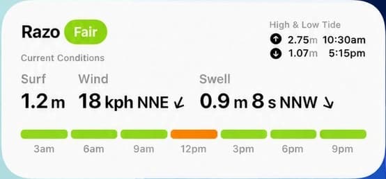 Surco widget showing wave height, wind, swell, tide times and conditions throughout the day
