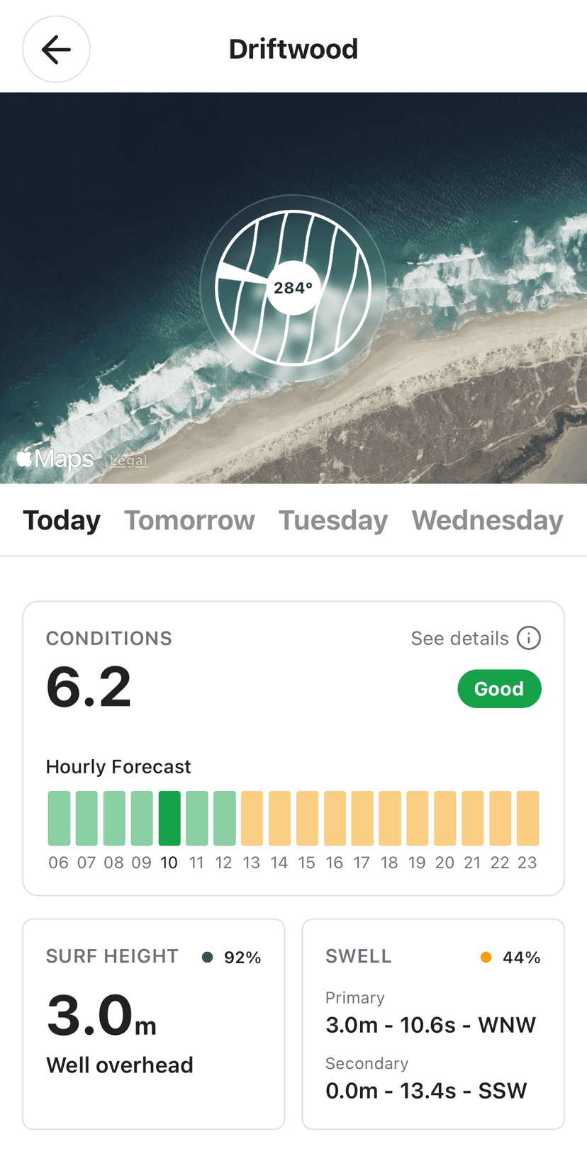 Surco app screenshot showing saved surf spots
