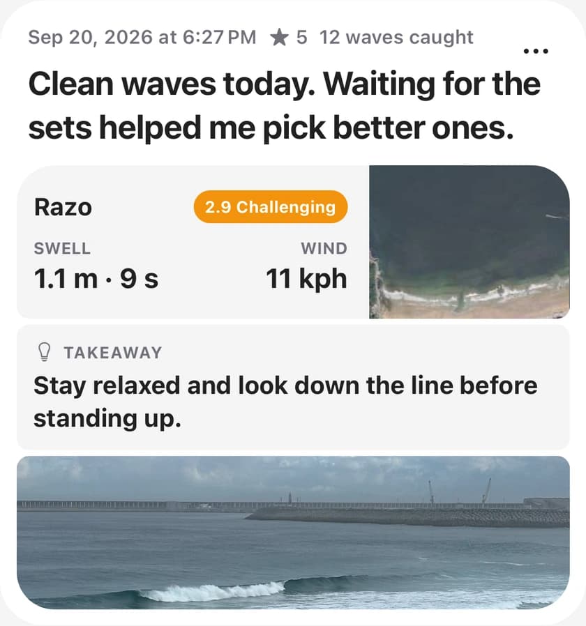 Private surf diary entry with a session photo, conditions and a takeaway