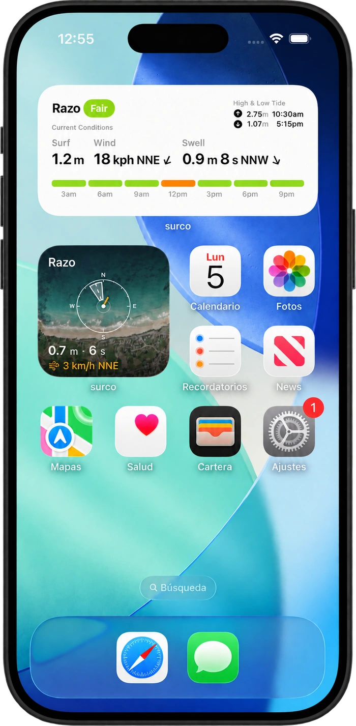 An iPhone Home Screen with Surco’s interactive three-day forecast widget and paging arrows, alongside a satellite map widget with swell and wind directions